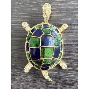 Vintage Turtle Brooch Gold Tone Blue Green Enamel Rhinestone Pin